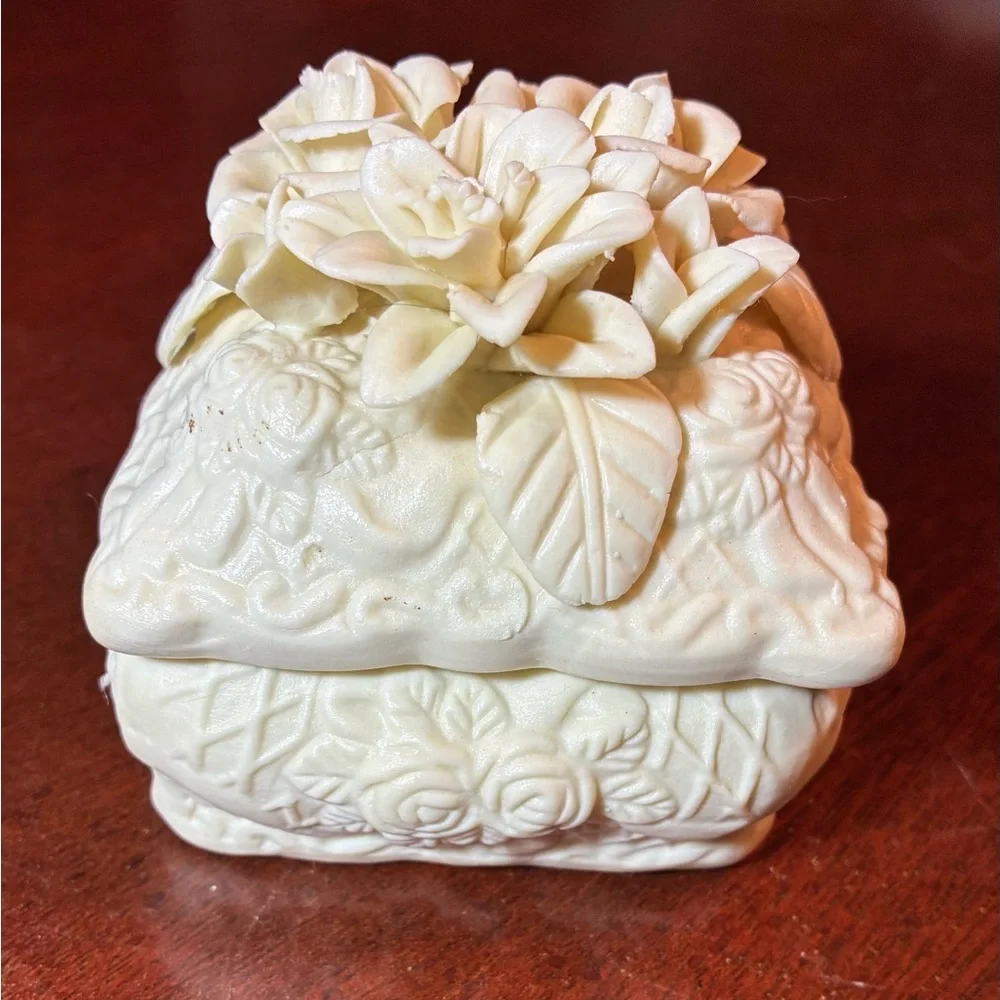 Albert Price Bisque Porcelain Rose Trinket Box • Square Jewelry Keepsake 4x4